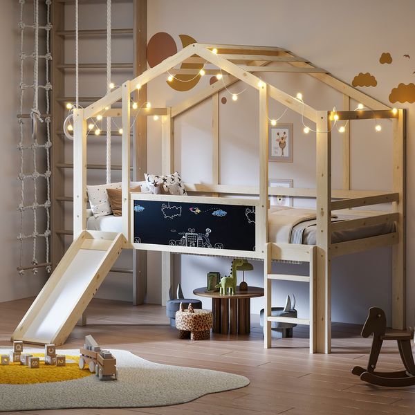 Hochbett 90×200 cm im Hausdesign mit Rausfallschutz, Rutsche und Tafel, Holzfarbe, ohne Matratze