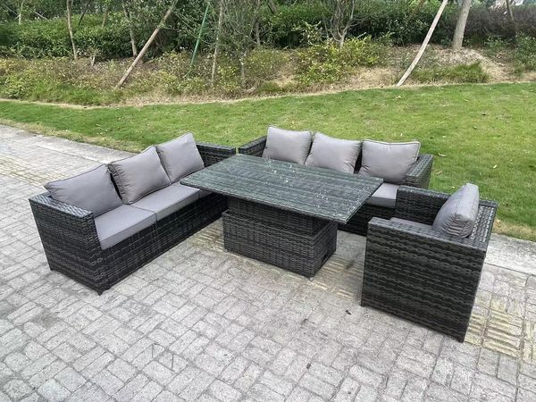 Fimous Wicker PE Gartenmöbel Rattan Sofa Set im Freien Einstellbare Steigende Esstisch Set mit Sessel 7 Sitzer Dunkelgrau gemischt