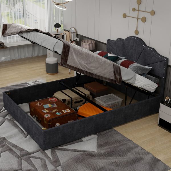 Flieks Doppelbett 140x200cm, Polsterbett mit Kopfteil, Bettkasten & Stauraum, Einzigartiges Nietendesign, Grau