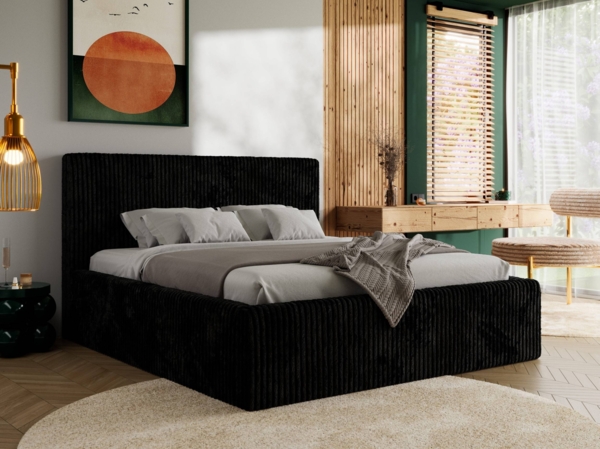 Polsterbett mit Stauraum Lattenrost TILIANO CLASSIC Bett gepolstert Doppelbett mit Kopfteil Multipocket Matratze - 160x200 cm - Schwarz Cord - ELORI LUX