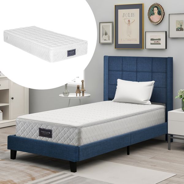 Polsterbett 90x200 cm mit gepolstertem Kopfteil, Stoffbett in Blau, stabile Holzlatten, ruhiges Design,inklusive Matratze