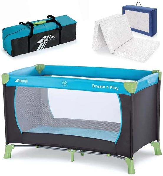 hauck Baby Reisebett Set Dream n Play mit Matratze - faltbares Kinder Babyreisebett mit Tasche - Blau Waterblue
