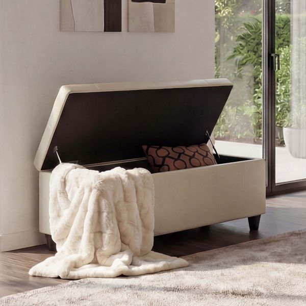 Aufbewahrungs-Truhe Kriens, Sitzbank Bank, Kunstleder, 45x114x45cm ~ creme