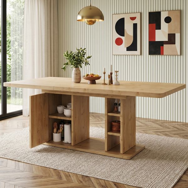 Ausziehbarer Esstisch 140/180 * 80 cm, geeignet für 6–8 Personen,Mit Stauraum, verdickte Tischplatte, Ausziehbarer Esstisch im skandinavischen Stil, Eichenfarbe