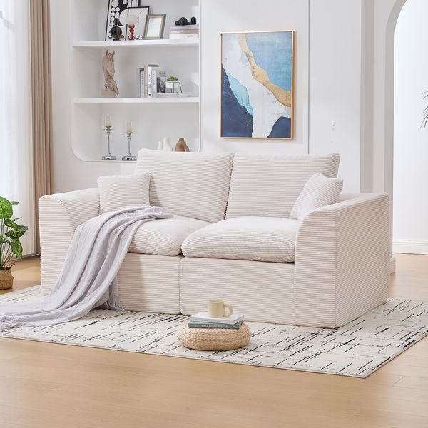 Sofa 204x102,5x84 cm | Sitzfläche 156x58 cm | Cordstoff Beige | Zweisitzer mit elastischer Schaumstoffpolsterung