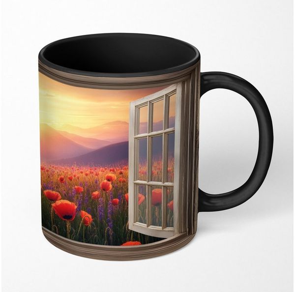 MuchoWow Tasse Durchsichtig - Mohnblumen - Blumen - Rot - Offenes Fenster, 1-tlg, Keramik, Farbwechsel, Kaffee Tassen, Teetasse, Zaubertasse, Geschenk