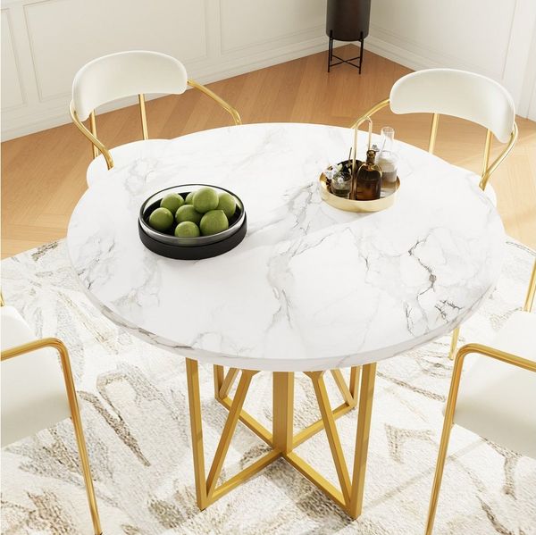 REDOM Esstisch Moderner Küchentisch (Eleganter Runder Esstisch 80x80 cm – Goldene Metallbeine, Marmormuster aus MDF, Höhenverstellbar, 80 x 80 x 76 cm)