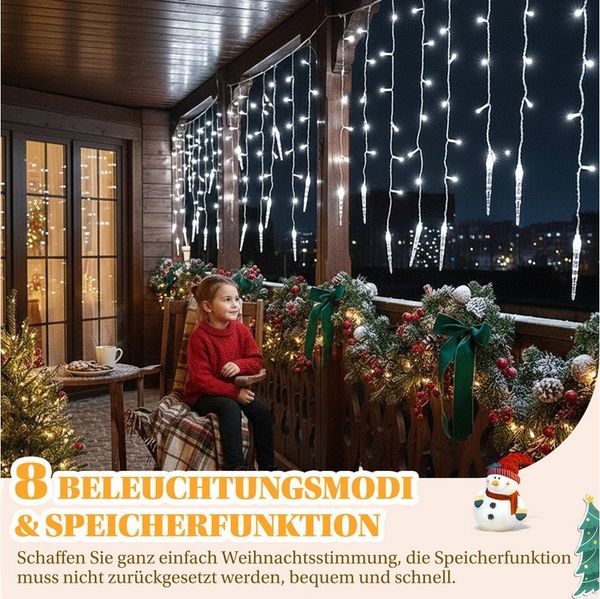 SERBASIC Lichterkette LED Eisregen Lichtervorhang, Timer, 8 Modi, Anschließbar, 31V, Lichtervorhang für Weihnachten Außen Terrasse