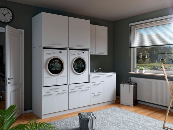 Laundreezy Mehrzweckschrank-Set Laundreezy, 8-tlg. Mehrzweckschrank-Set B/H/T 238/238/68 cm, (8-St), Breite 238 cm, Soft-Close-Funktion, höhenverstellbare Füße