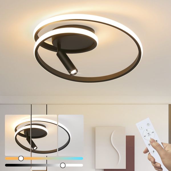 ZMH Deckenlampe LED Deckenleuchte Dimmbar: 40cm Schlafzimmerlampe Modern Design 37W Wohnzimmerlampe mit Strahler Schwarz mit Fernbedienung Küchenlampe für Schlafzimmer Haus Wohnung Wohnzimmer