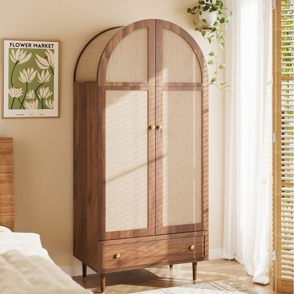 Furnishings Home Kleiderschrank Garderobe mit Stofftüren & Schublade – Walnussoptik 79*50*175cm (1-St) Für Schlafzimmer, Gäste- oder Ankleidezimmer