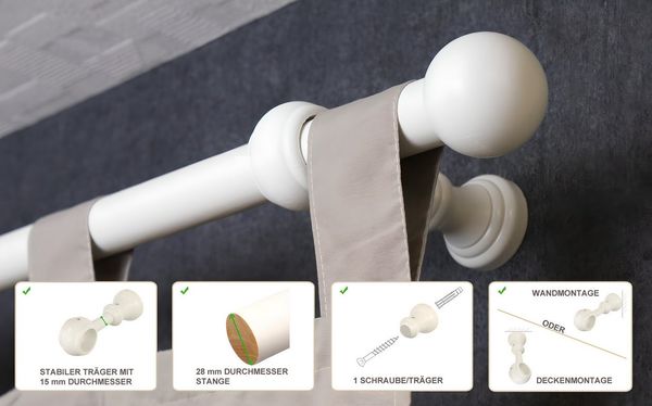 iso-design Gardinenstange 28 mm Holz weiß lackiert Endstück Kugel, Ø 28 mm, 1-läufig, Fixmaß, Geschraubt, Holz, Wand- und Deckenmontage möglich