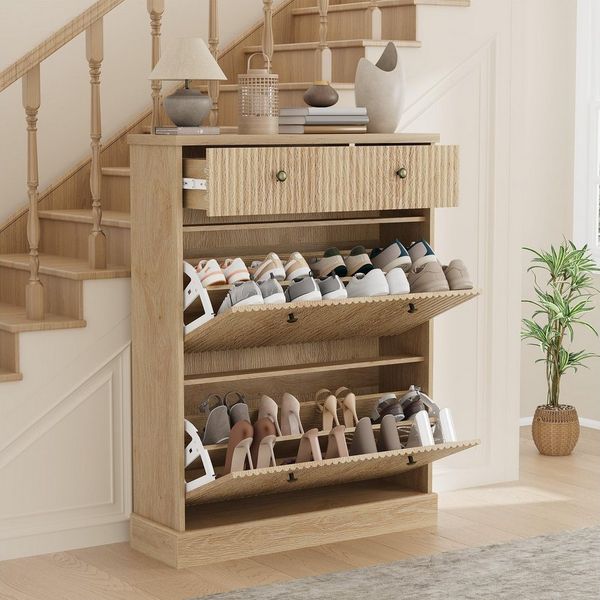 GarveeMore Schuhschrank Moderner Rillenprofil mit 2 Klappschubladen und oberer Schublade (1-St) (B80/T25/H107 cm) Schuhregal für 12–16 Paar Schuhe, für Flur und Diele