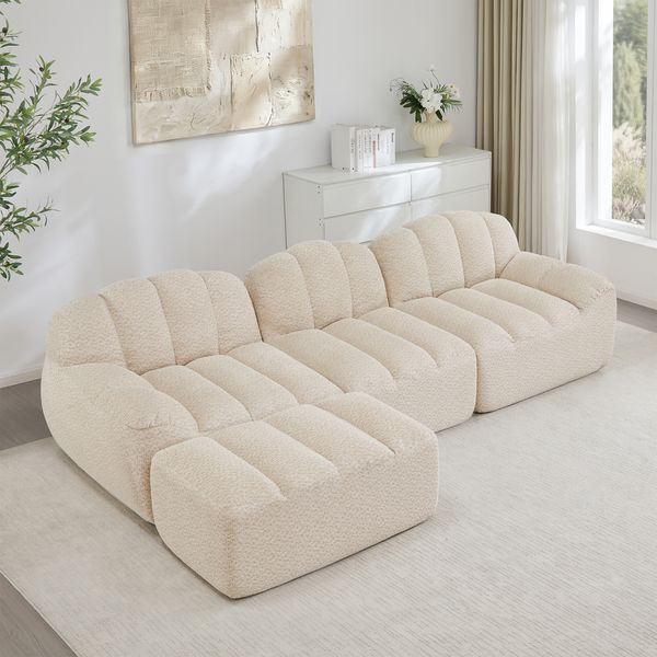 3-Sitzer modulares Ecksofa H 79 x T 288 x B 167 cm aus granuliertem Fleece mit Ottoman, Beige-Weiß
