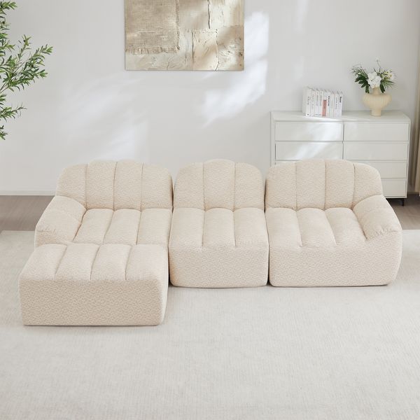 3-Sitzer modulares Ecksofa H 79 x T 288 x B 167 cm aus granuliertem Fleece mit Ottoman, Beige-Weiß Bild 2