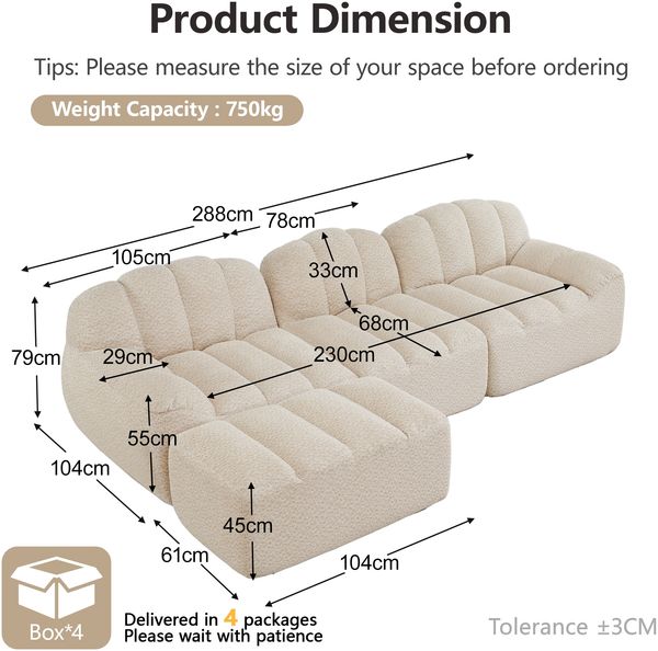 3-Sitzer modulares Ecksofa H 79 x T 288 x B 167 cm aus granuliertem Fleece mit Ottoman, Beige-Weiß Bild 5