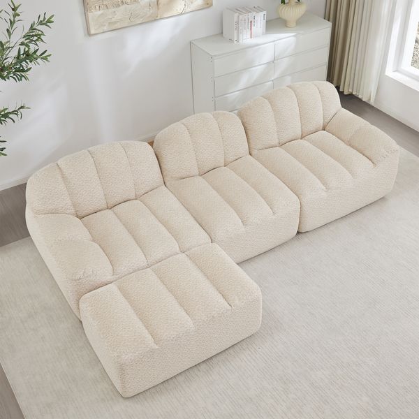 3-Sitzer modulares Ecksofa H 79 x T 288 x B 167 cm aus granuliertem Fleece mit Ottoman, Beige-Weiß Bild 4