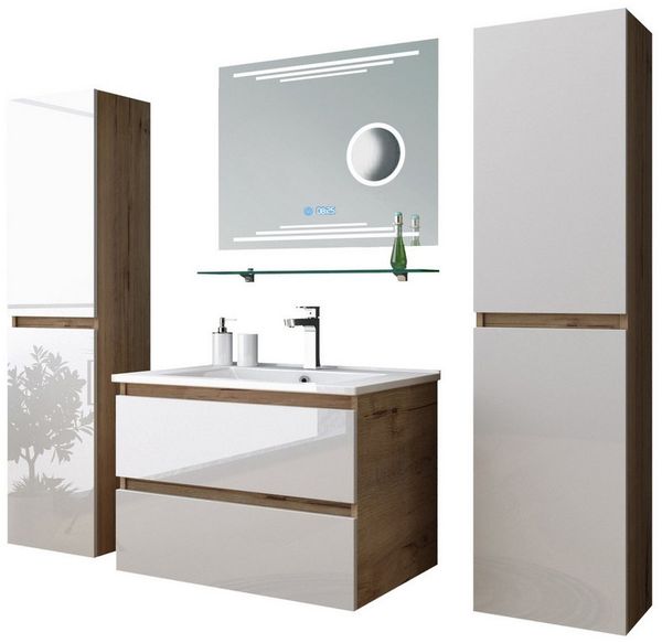 Homeline Badmöbel-Set Leonard badmöbel Set Eiche/Weiß Kosmetik Spiegel 60 90 120 cm, (BadMöbel Set, 6-St, Badezimmer Möbel)