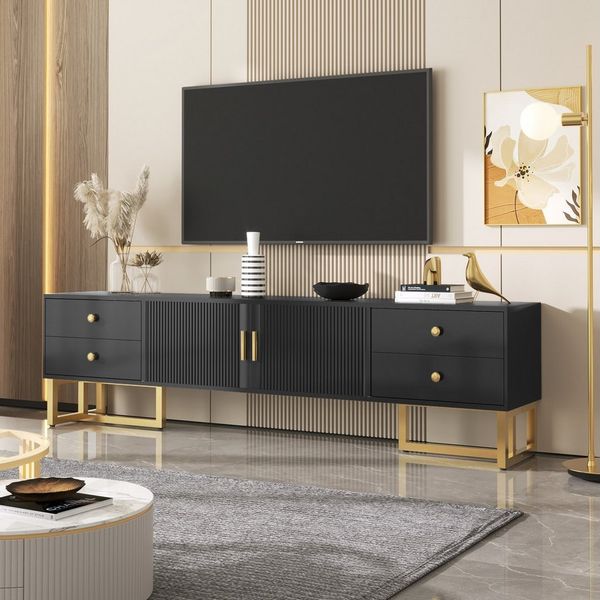 Refined Living Lowboard TV-Schrank, TV-Möbel TV-Ständer TV-Board, Fernsehtisch (1 St, 2 Tür, 4 Schubladen, 1 St, niedriges Paneel mit strukturierter Tür, TV-Möbel mit Schubladen), mit goldenen Griffen und goldenen Füßen, 175*30*46cm