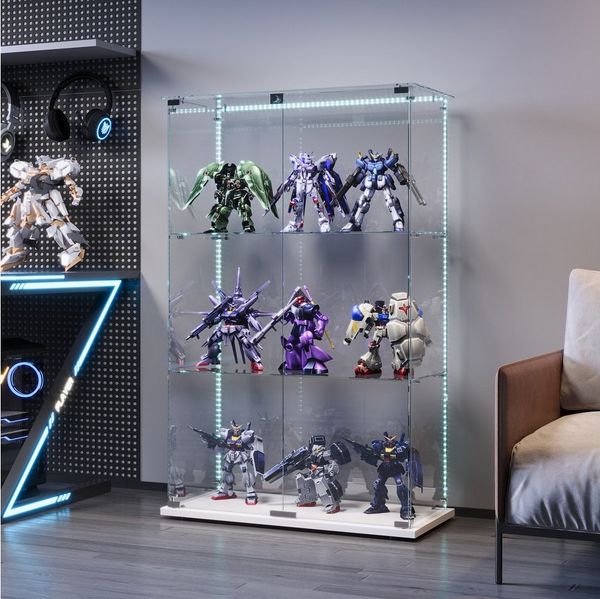 FUROKOY Glasvitrine Standvitrinen, Vitrine aus gehärtetem Glas (Set, 1-St, Vitrinenschrank mit 2 Glastür und Lichtleiste für Sammler, Bücher) Weiß 3 Lagen Sammlervitrine