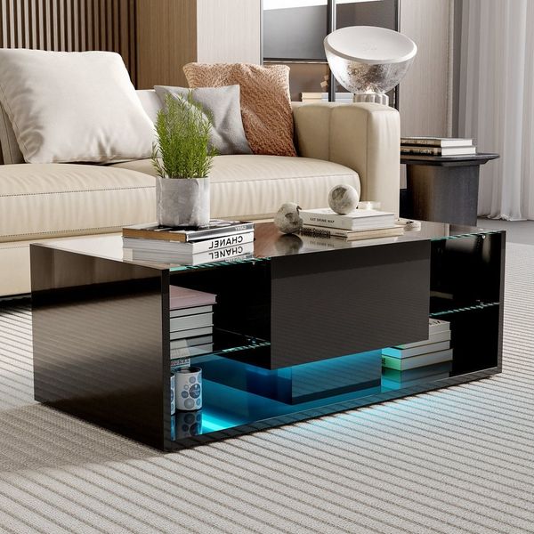 PXloue Couchtisch LED-Couchtisch mit Stauraum und modernem Design (Hochglänzender), Praktischer Tisch mit Schubladen und integrierter Beleuchtung
