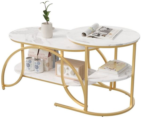 PXloue Couchtisch rund Beistelltisch Satztische 2er Set, 2 in 1 Mit Marmormuster Tischplatte, 80 x 46 x 45 cm/52 x 51 cm