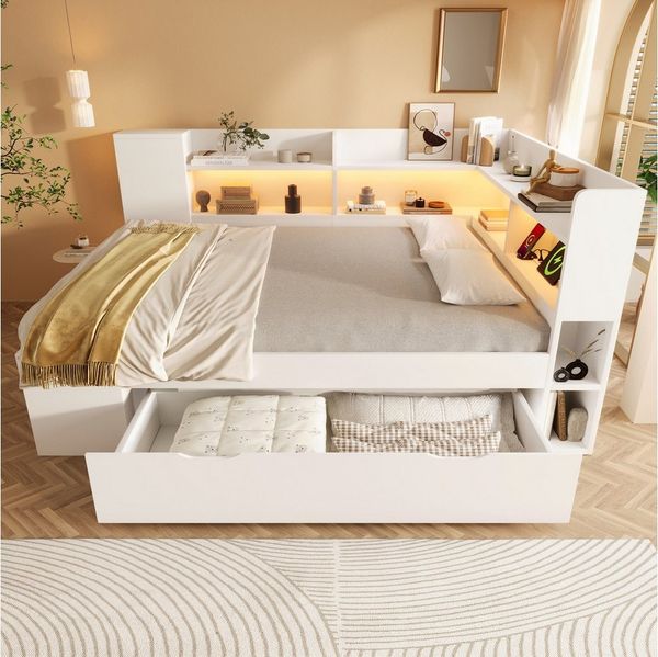 Flieks Daybett, Holzbett 140x200cm mit USB&Typ-C, LED, Stauraumregal und Schublade