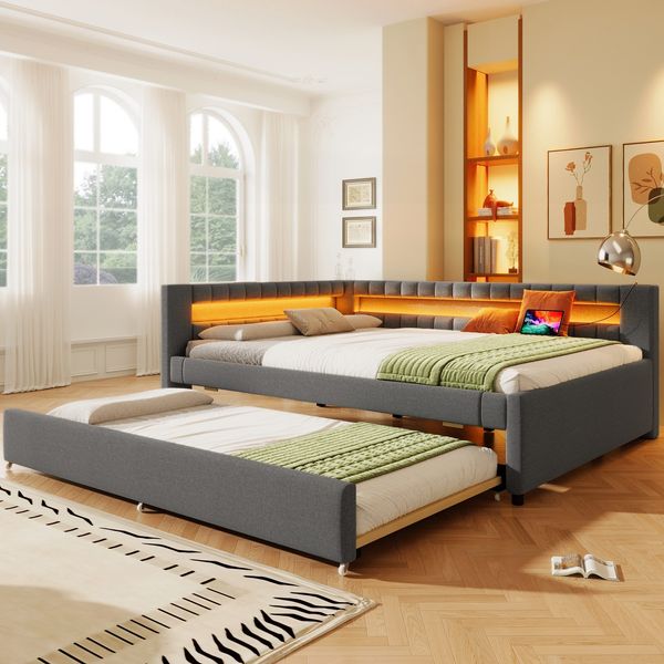 Polsterbett mit Lattenrost, Gästebett, USB und Type-C Anschlüssen, 140x200cm, Schlafsofa, Doppelbett, Leinen