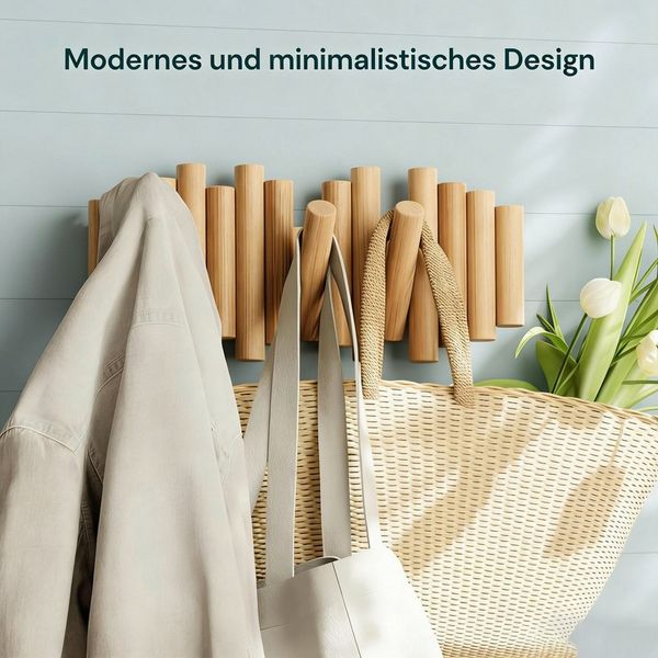 BlingBin Garderobenleiste 5 Haken Garderobenständer aus Holz, faltbarer Wandgarderobenständer (1Stück, 1 St, 38*17cm), Versenkbaren Haken Modernes Design und Wandmontage