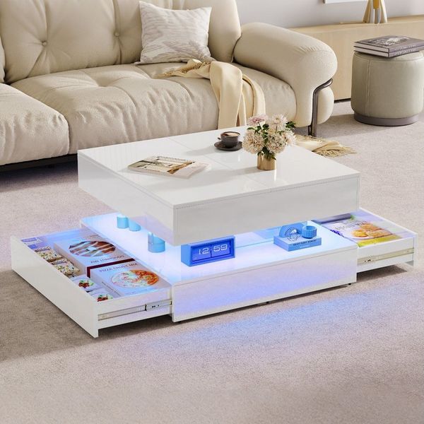 FUROKOY Couchtisch Wohnzimmertisch Hochglanz mit 2 Schubladen, Sofatisch Beistelltisch Modern mit Stauraum,Weiß
