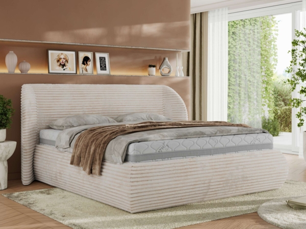 Polsterbett mit Lattenrost, Doppelbett Bettkasten, Bettgestell mit Gasdruckfeder Pocket Matratze - CAELA CLASSIC - 160 x 200 cm - Beige Cord - VIRE LUX