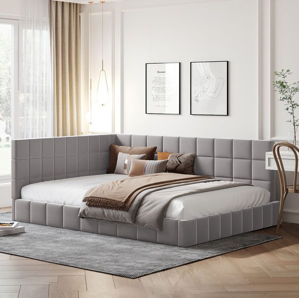 Polsterbett 140x200 cm mit Lattenrost – multifunktionales Tagesbett/Sofa aus Samt, Grau