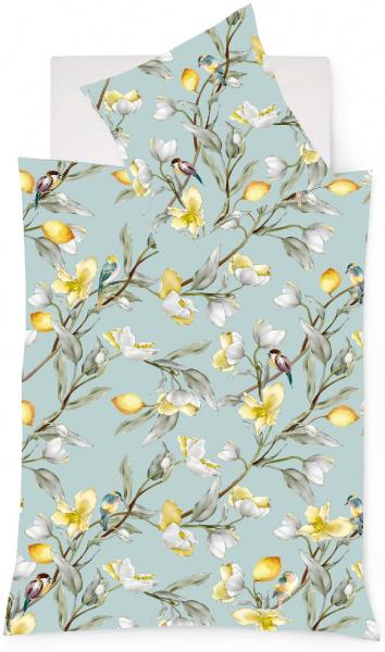 Fleuresse Mako-Satin Bettwäsche 200x220 Zitronen Blüten Vögel smaragd 114345-05