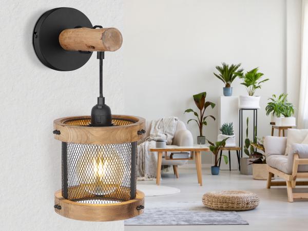 LED Wandleuchte mit Holz 1-flammig, Gitter schwarz Ø16cm