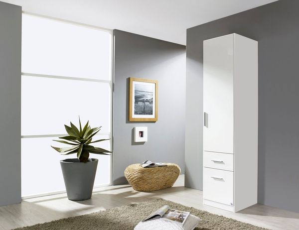Rauch Möbel Celle Schrank Drehtürenschrank in Weiß / Hochglanz Weiß, 1-türig mit 2 Schubladen, inkl. Zubehörpaket Basic 1 Kleiderstange, BxHxT 47 x 197 x 54 cm