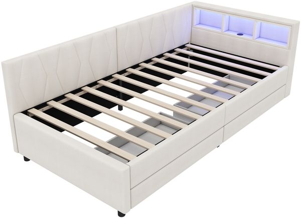 Daybett, 90*200cm, Tagesbett, Schlafsofa, Ablagefach am Bett, USB+Typ C, LED-Lichtleiste , Bett mit zwei Schubladen, Bett mit Lattenrost (ohne Matratze), Leinen, Beige Bild 10