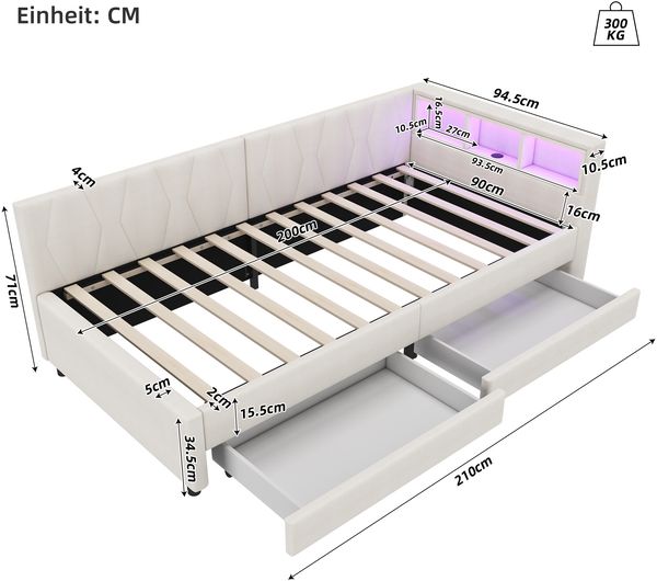 Daybett, 90*200cm, Tagesbett, Schlafsofa, Ablagefach am Bett, USB+Typ C, LED-Lichtleiste , Bett mit zwei Schubladen, Bett mit Lattenrost (ohne Matratze), Leinen, Beige Bild 9