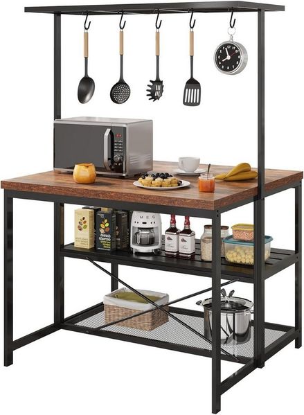 GarveeMore Kücheninsel mit 3-stöckige Aufbewahrung,5 Haken für Esszimmer und Wohnzimmer, Küchenregal,Bäckerregal,Mikrowellenherdständer,107 x 71 x 183 cm