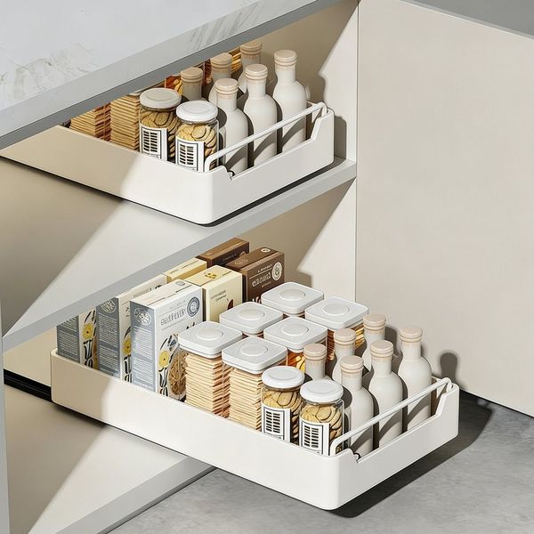 BlingBin Küchenorganizer-Set Teleskopschublade, Ausziehbare Schublade Küche Organizer Schrank, (2er Set, 2-tlg, 43L x 25B x 6H cm, Erweiterbar Küchenschublade mit Kleber), Schubladen-Aufbewahrungsregale für Küche, Ohne Bohren, Weiß