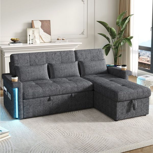 OKWISH Schlafsofa Ecksofa 209x141,5x90 cm: Schlaffunktion, LED, Chenille, Set 1 Teile, Wohnzimmersofa mit Stauraum, umwandelbar in ein Schlafsofa