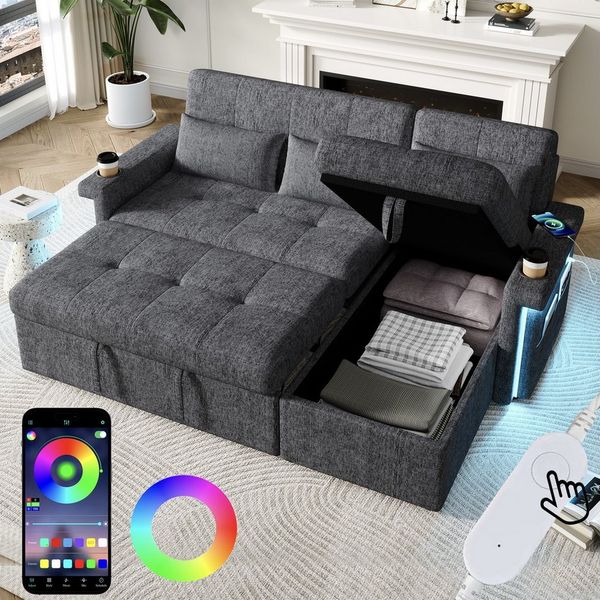 OKWISH Schlafsofa Ecksofa 209x141,5x90 cm: Schlaffunktion, LED, Chenille, Set 1 Teile, Wohnzimmersofa mit Stauraum, umwandelbar in ein Schlafsofa