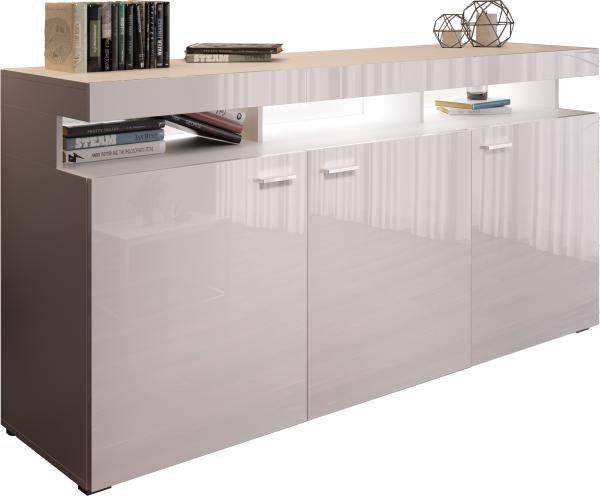 Domando Sideboard Mondello M2 Modern für Wohnzimmer Breite 179cm, Hochglanz, LED Beleuchtung in Weiß in Weiß Matt und Weiß Hochglanz