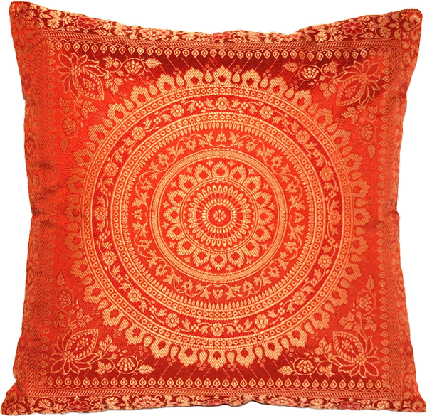 Handgewebter indischer Banarasi Seide Deko-Kissenbezug mit Extravaganten Mandala Design in Rostfarbe - 40 cm x 40 cm
