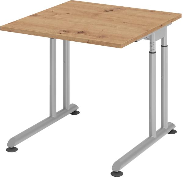 bümö höhenverstellbarer Schreibtisch Z-Serie 80x80 cm in Asteiche, Gestell in Silber - PC Tisch klein für's Büro manuell höhenverstellbar, Computertisch verstellbar, ZS-08-R-S