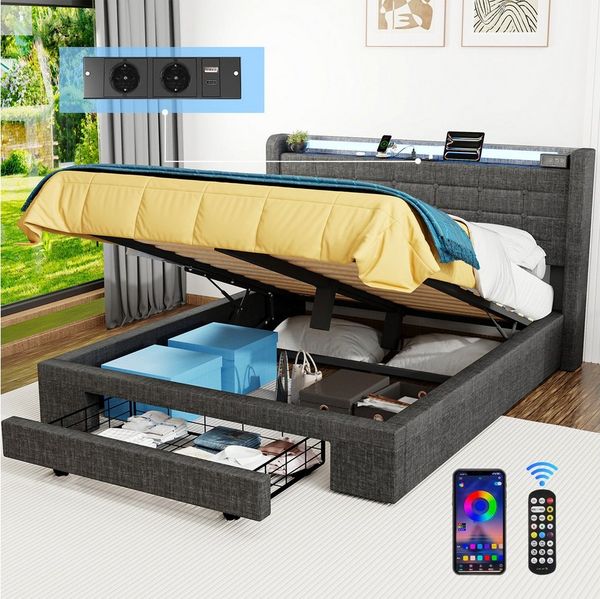 oyajia Polsterbett Stauraumbett Doppelbett mit LED Beleuchtung mit Ladefunktion (Type-C + USB, Hydraulisch hebbarer Stauraum), Funktionsbett Stauraumbetten Jugendbett Bettgestell Leises Design Bett