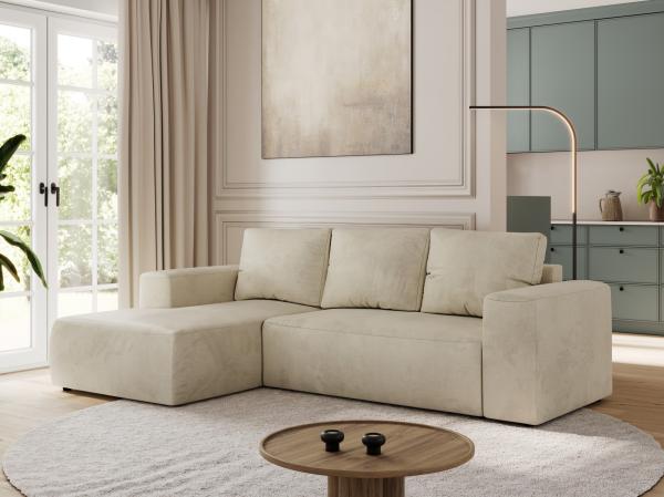 Ecksofa mit Schlaffunktion, Bettkasten und losen Kissen für das Wohnzimmer - TRENTINO - Beige Velvet - links