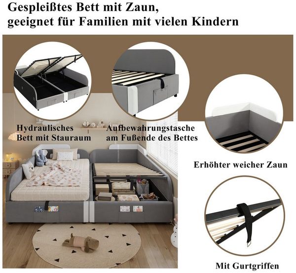 REDOM Schlafsofa mit Erhöhter Weicher Zaun, Hydraulischem Stauraum, 90x200/180x200 cm Aufbewahrungstasche am Fußende, Polsterbett Kinderbett, ohne Matratze