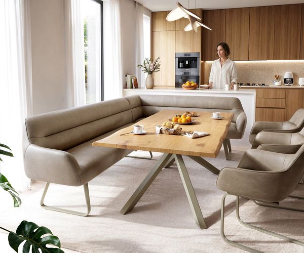 Esszimmerbank Taya-Flex 285x190 cm Mikrofaser Beige Vintage Kufengestell flach Effektfinish Titan Taschenfederkern Links
