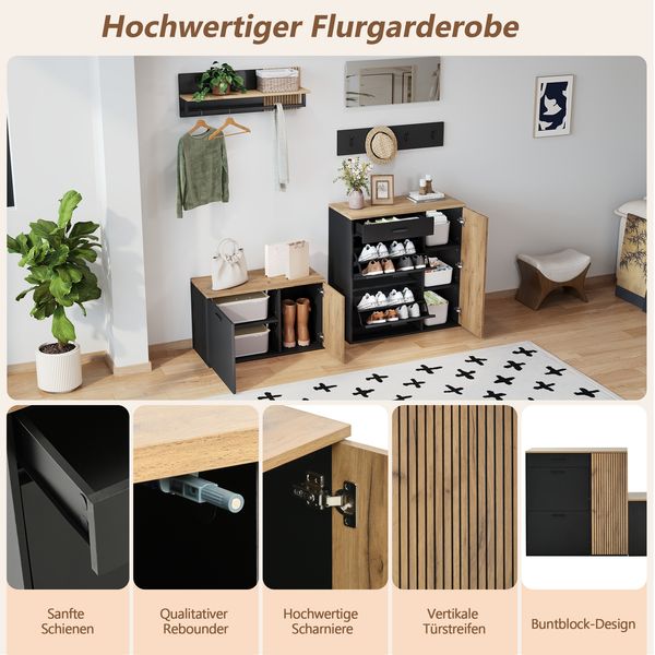 Garderoben-Set, Schrank, Kommode, Spiegel, 2 Schuhschrank, ohne Dekoration, Garderobenpaneel mit Spiegel, Hutablage und 4 Haken,Schuhschrank mit Schuhbank, Flur mit Stauraumtrennwand Bild 4