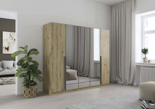rauch Kleiderschrank Alba, Drehtürenschrank, Garderobenschrank, 5-türig, mit Spiegel, 4 Kleiderstangen, 5 Einlegeböden und Schubladeneinsatz, Farbe Eiche Artisan, Holz, Griffstange Grau metallic, Schwarz, 226x197x54cm